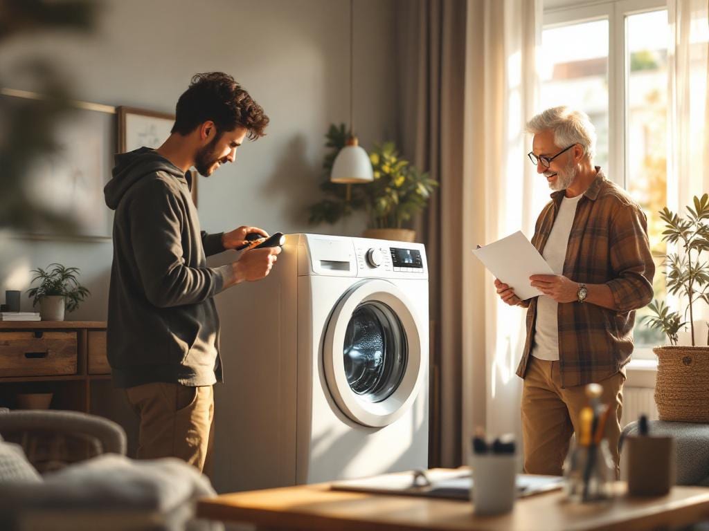 Personne inspectant un appareil électroménager d’occasion dans un salon, avec un vendeur souriant