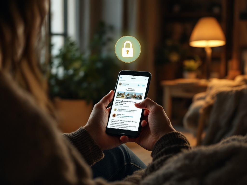 Personne consultant une petite annonce en ligne sur un smartphone, avec un cadenas symbolisant la sécurité des transactions entre particuliers