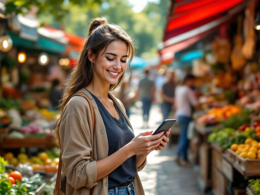 Femme souriante consultant des petites annonces locales sur son téléphone dans un marché en plein air.