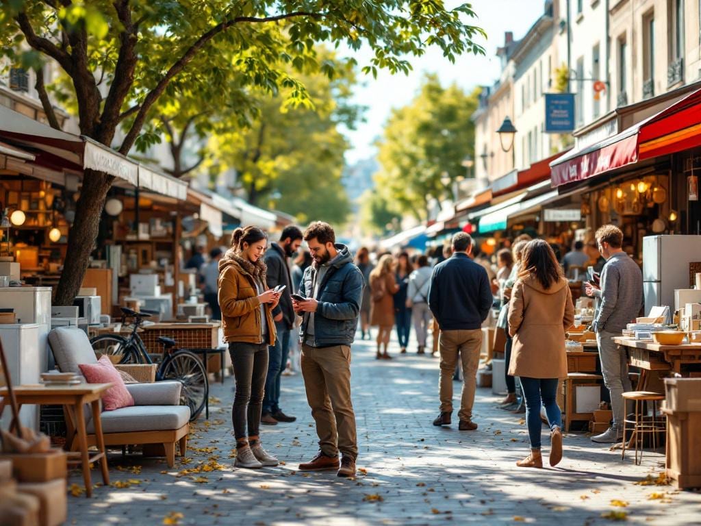 Femme souriante consultant des petites annonces locales sur son téléphone dans un marché en plein air