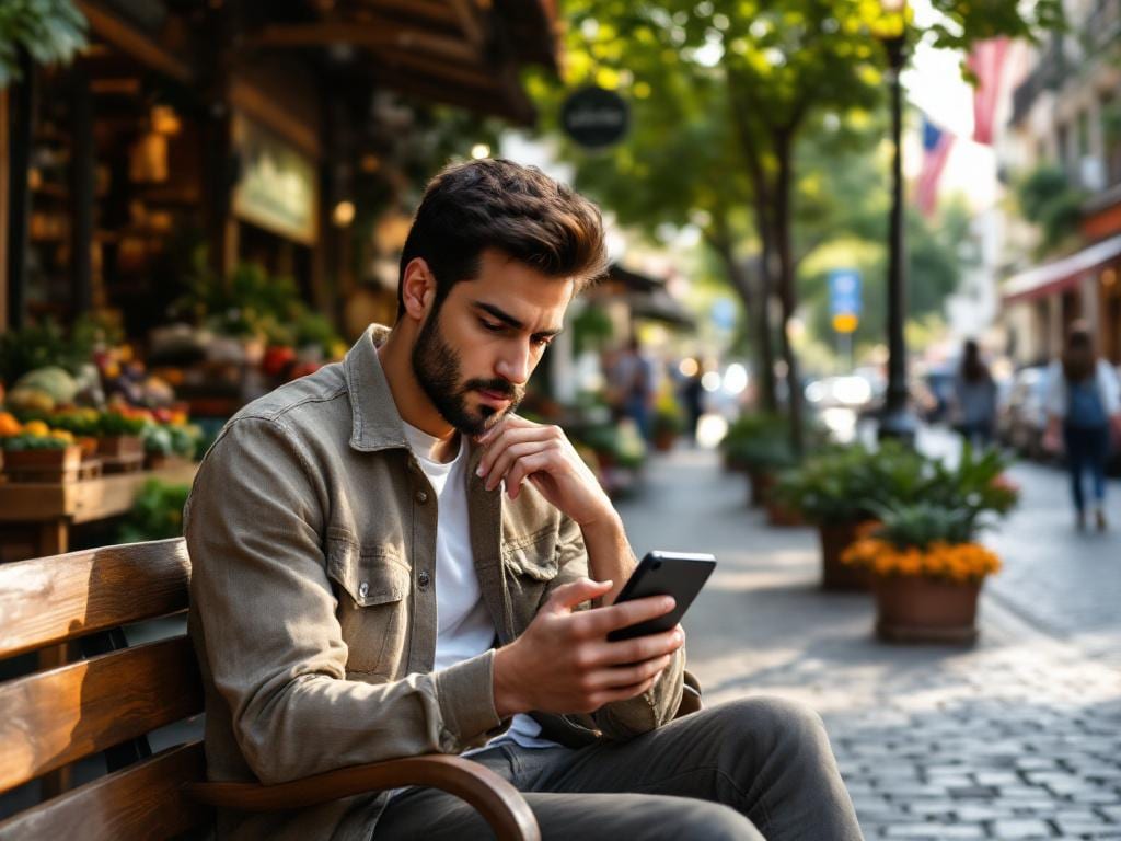 Personne consultant une petite annonce en ligne sur un smartphone, avec un fond urbain sécurisé