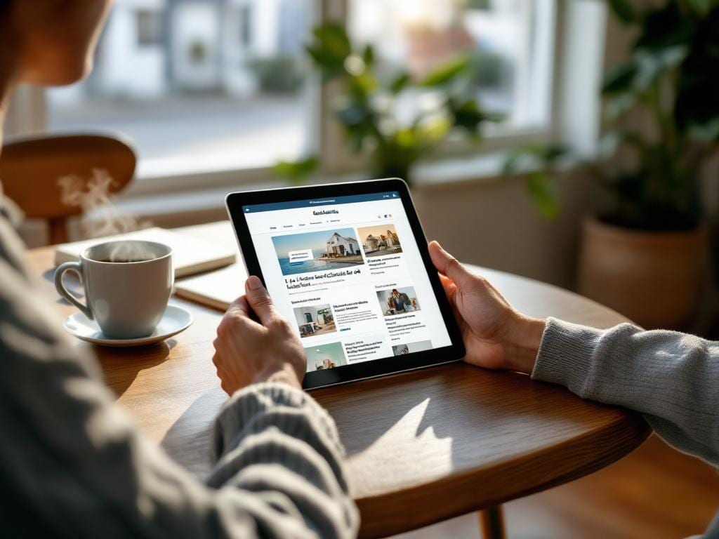 Personne consultant des petites annonces locales sur une tablette dans un cadre chaleureux