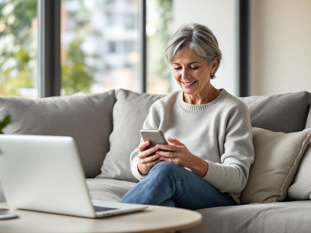 Femme vérifiant une annonce en ligne sur son smartphone avec méfiance