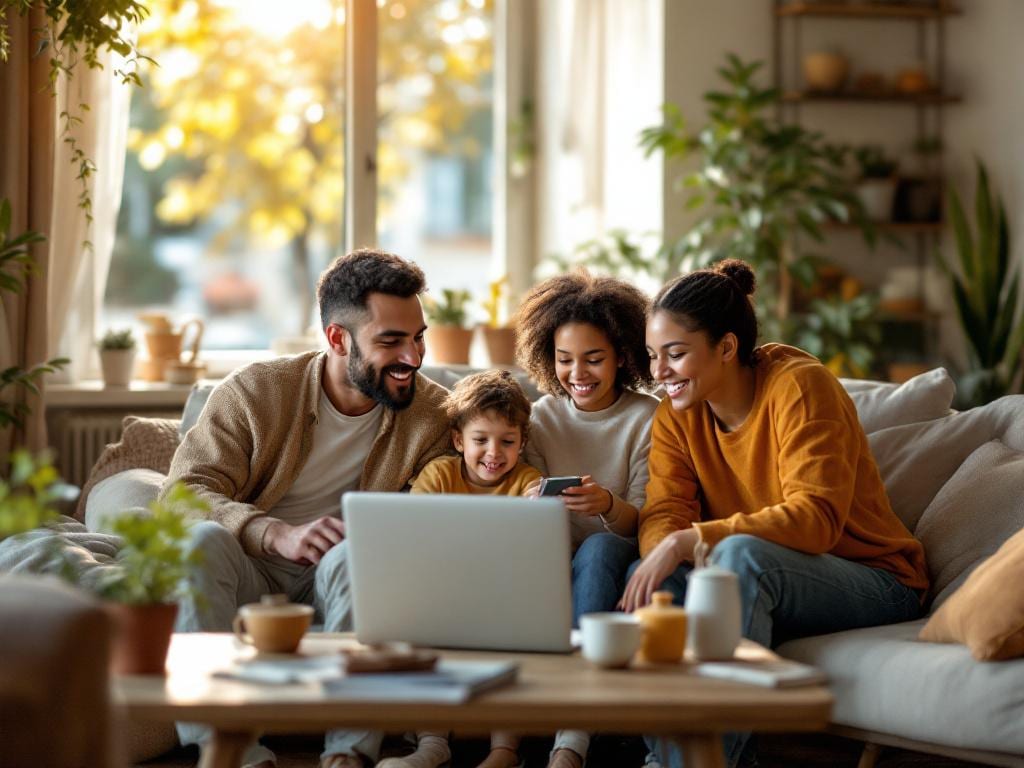 Famille économisant de l'argent en achetant des objets d'occasion sur une plateforme de petites annonces