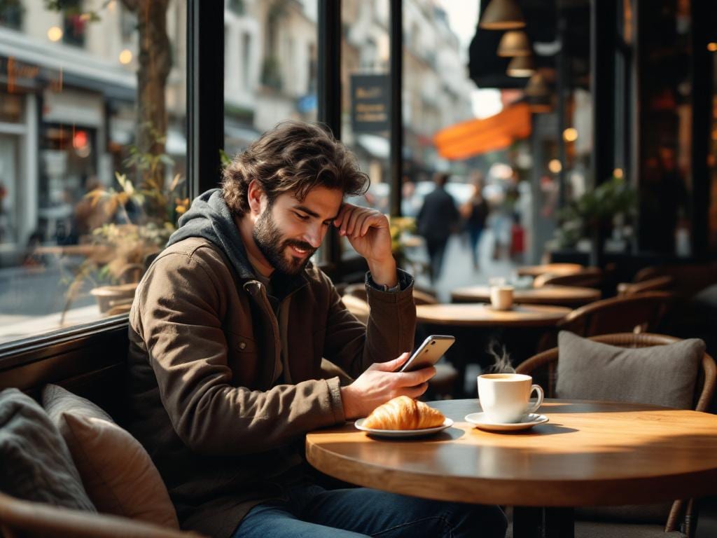 Personne consultant des petites annonces locales sur un smartphone dans un café