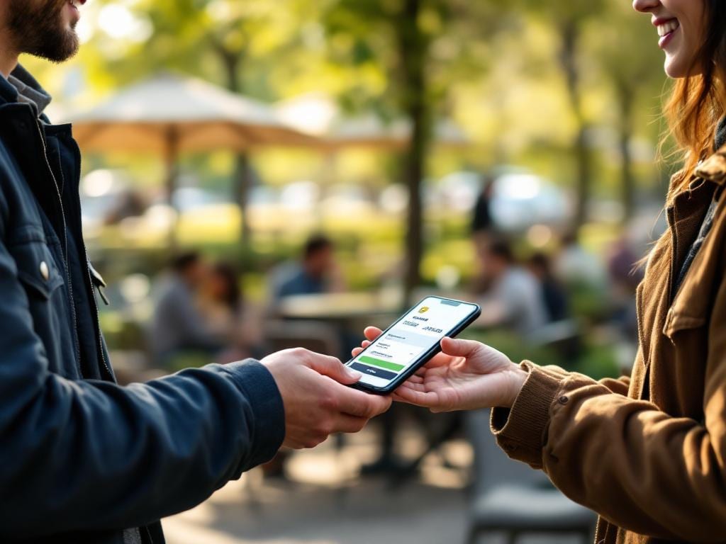Acheteur et vendeur échangeant un objet d'occasion en toute sécurité avec un paiement vérifié