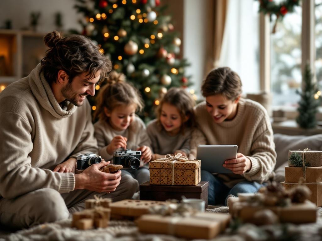 Famille déballant des cadeaux d'occasion emballés avec soin sous le sapin de Noël