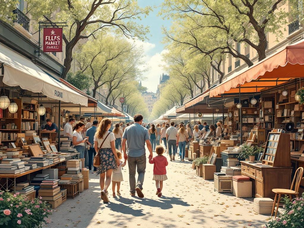 Famille cherchant des objets vintage dans un vide-greniers en plein air