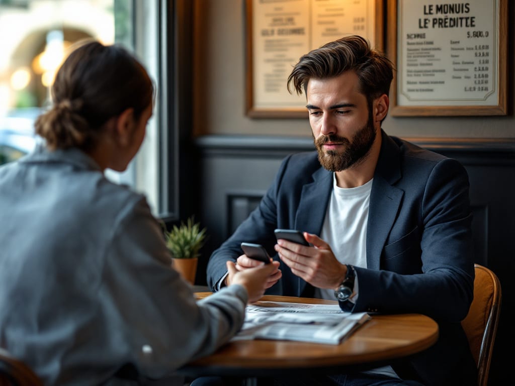 Personne vérifiant un paiement sécurisé sur son smartphone lors d'un achat d'occasion entre particuliers en France