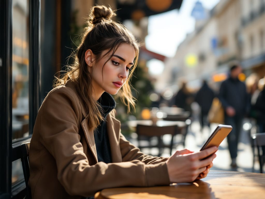 Femme vérifiant une annonce en ligne sur son smartphone dans un café parisien, avec un fond flou de rue animée