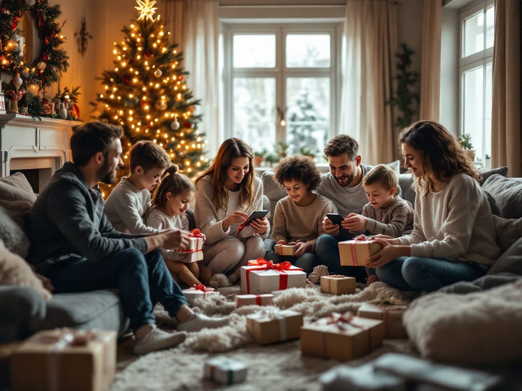 Famille heureuse déballant des cadeaux d’occasion bien emballés pour Noël