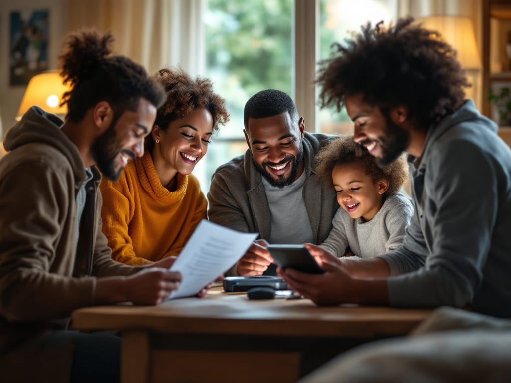 Famille examinant un équipement d'occasion dans un salon, avec une liste de vérification à la main