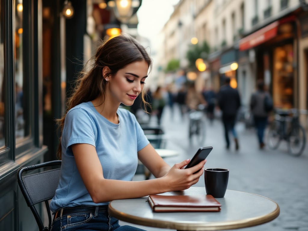 Femme consultant des petites annonces locales sur son smartphone dans un café parisien