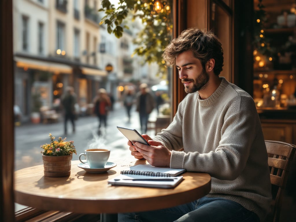 Personne consultant des petites annonces locales sur une tablette dans un café