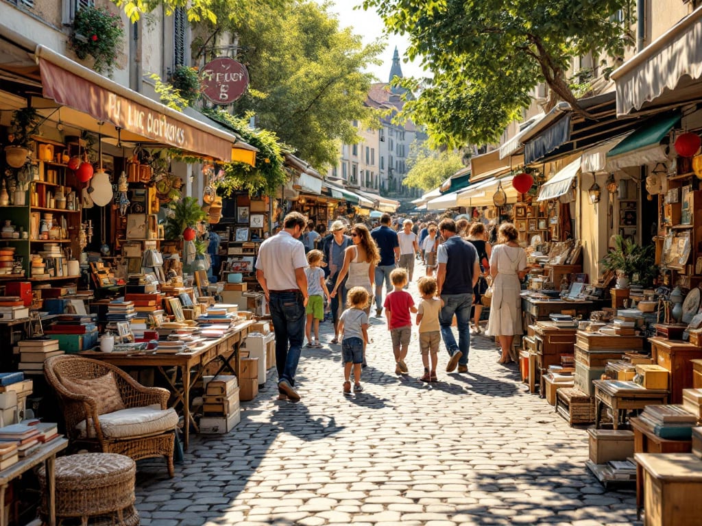 Famille cherchant des objets vintage dans un vide-greniers en France en 2026