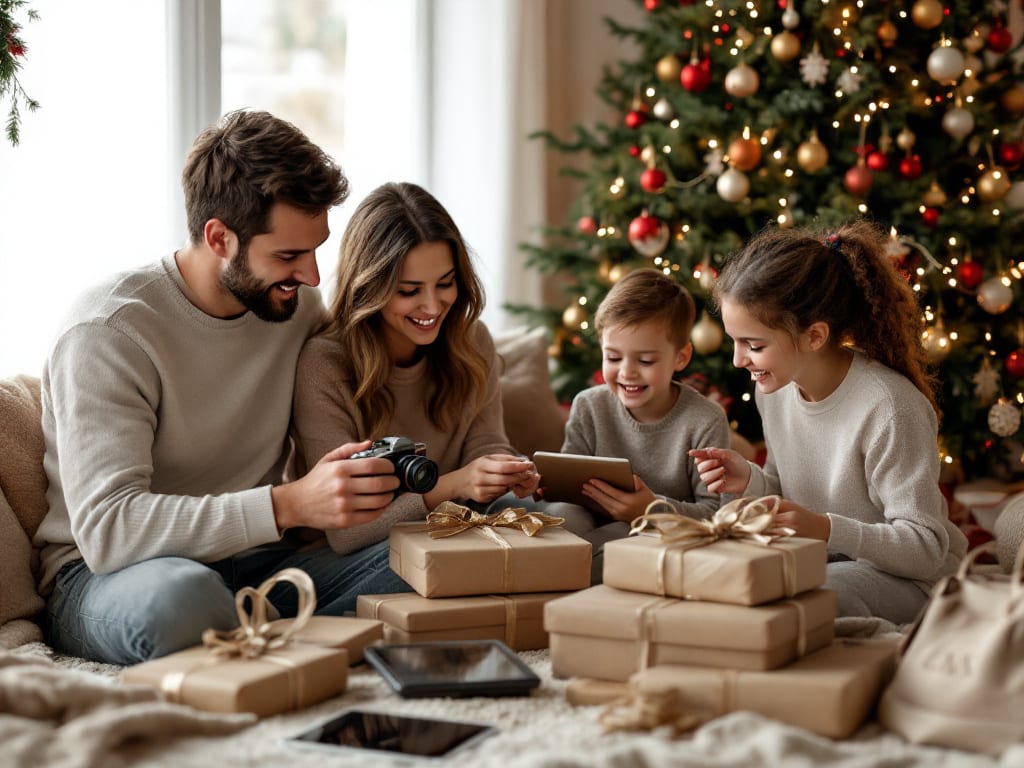 Famille heureuse déballant des cadeaux de Noël achetés en occasion, présentés avec soin sous un sapin décoré