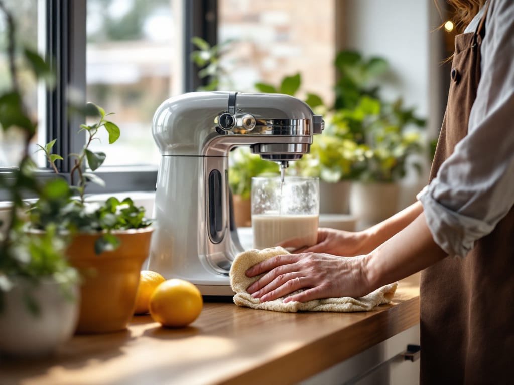 Personne nettoyant un appareil électroménager d'occasion avec des produits naturels dans une cuisine moderne