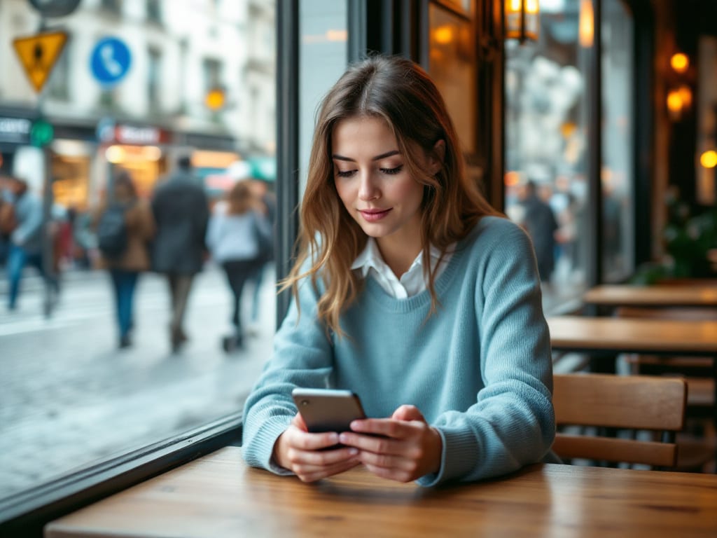 Femme vérifiant une annonce en ligne sur son smartphone dans un café parisien, avec un fond de rue animée et des panneaux de signalisation sécurité