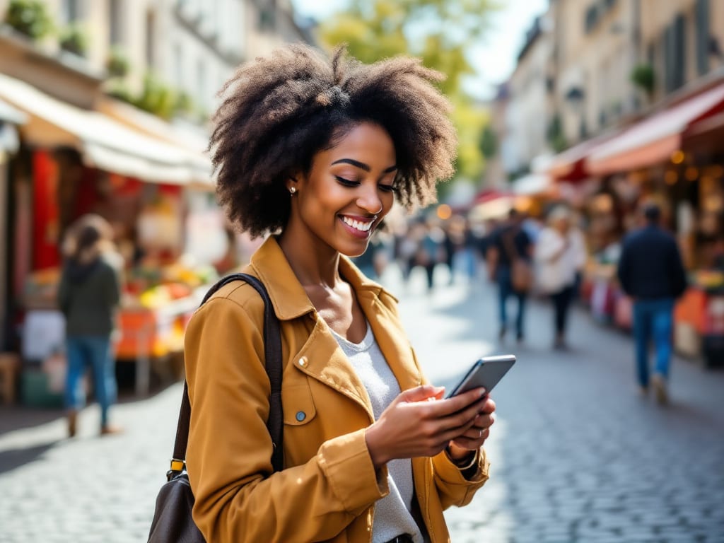 Femme utilisant l'application mobile Dénichéo sur son smartphone pour consulter des annonces locales