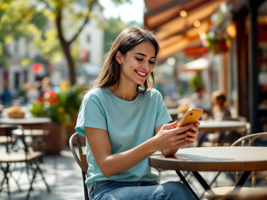 Femme souriante utilisant une application de petites annonces sur son smartphone dans un cadre urbain français