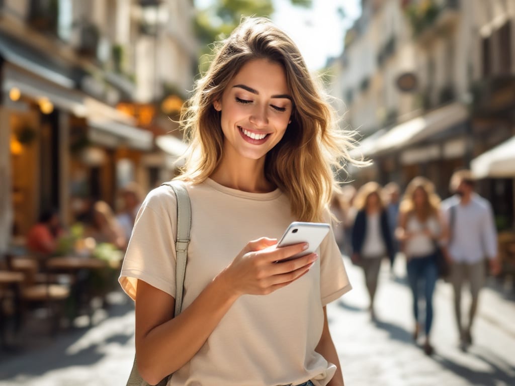 Femme consultant des annonces locales sur son smartphone avec le nouvel écran d’accueil Dénichéo