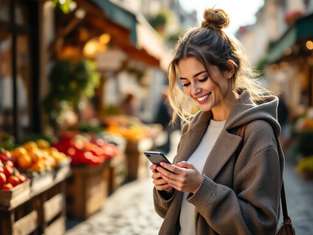 Femme souriante utilisant l'application Dénichéo sur son smartphone pour consulter des annonces locales