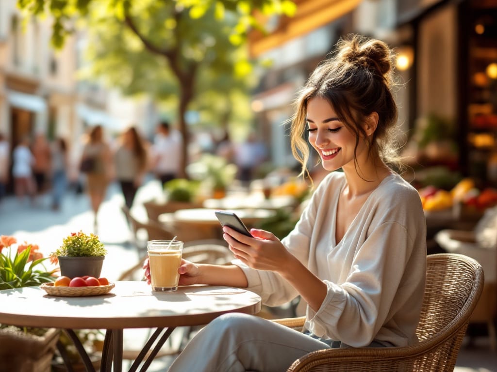 Femme souriante utilisant une application de petites annonces sur son smartphone dans un cadre urbain français