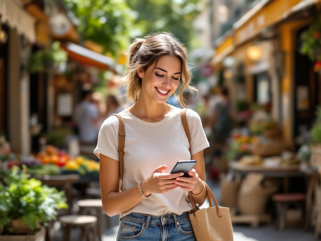 Femme souriante consultant des annonces locales sur son smartphone sans attente, dans un cadre urbain français