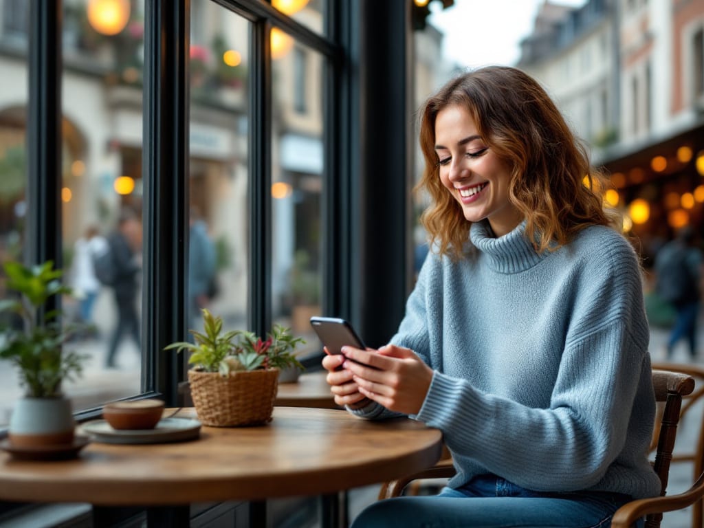 Femme souriante consultant des annonces locales sur son smartphone dans un café en France