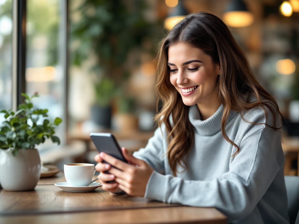 Femme souriante consultant des annonces locales sur son smartphone dans un café en France