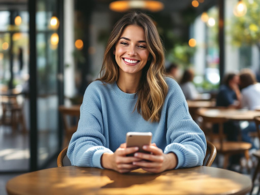 Femme souriante consultant des annonces locales sur son smartphone dans un café en France