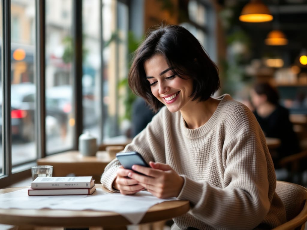 Femme souriante consultant des annonces locales sur son smartphone dans un café en France
