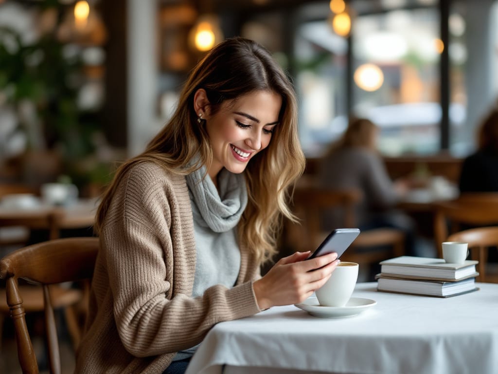 Femme souriante consultant des petites annonces locales sur son smartphone avec une connexion fluide