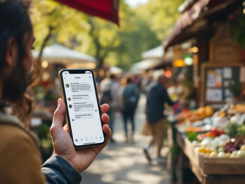 Interface moderne de la messagerie Dénichéo avec des annonces locales en arrière-plan