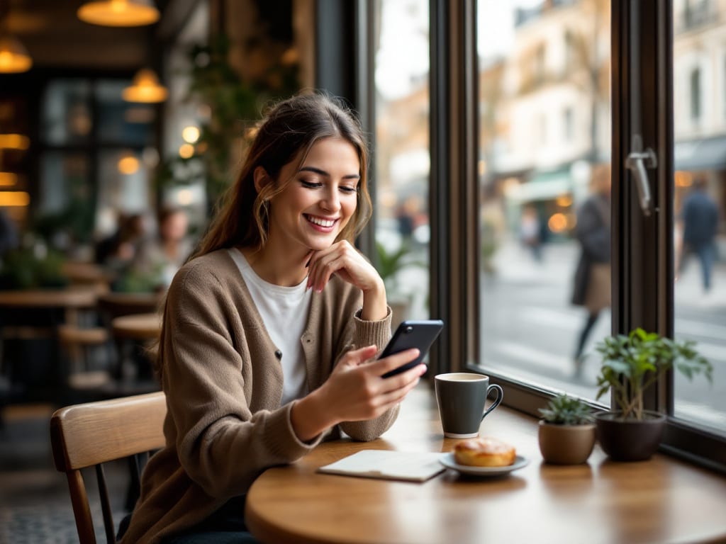 Femme souriante consultant des annonces locales sur son smartphone dans un café en France