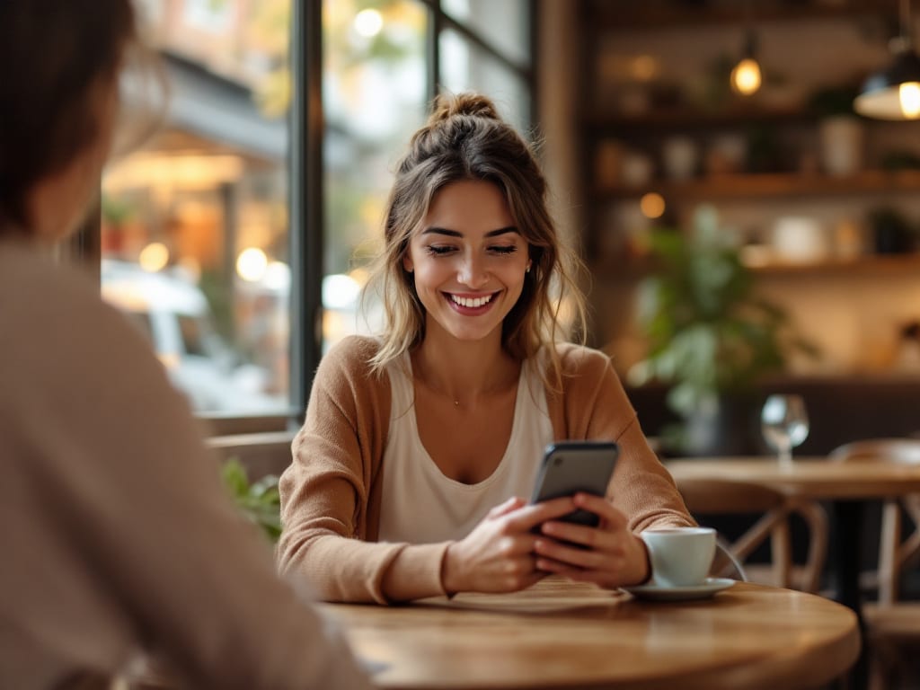 Femme souriante consultant des annonces locales sur son smartphone sans attente ni clignotement à l'écran