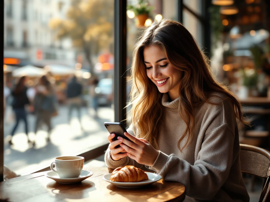 Femme souriante consultant des annonces locales sur son smartphone dans un café parisien