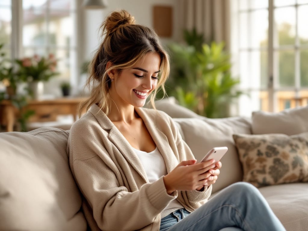 Femme souriante consultant des annonces locales sur son smartphone sans aucune gêne visuelle