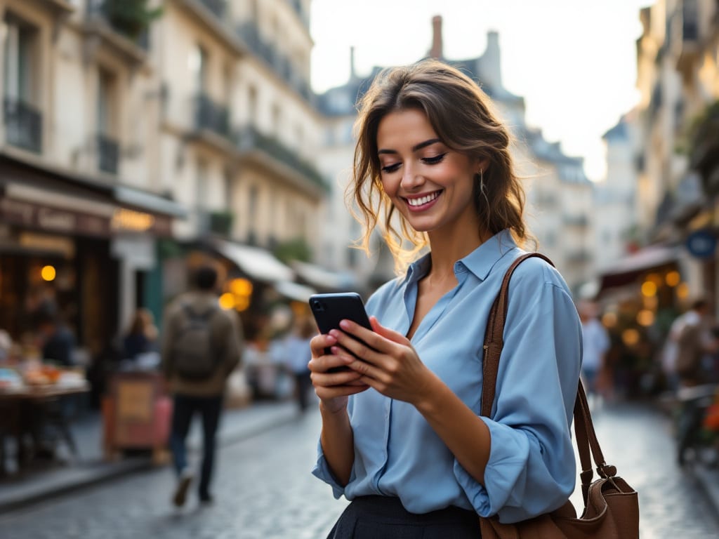 Femme souriante consultant des annonces locales sur son smartphone avec un affichage fluide et rapide