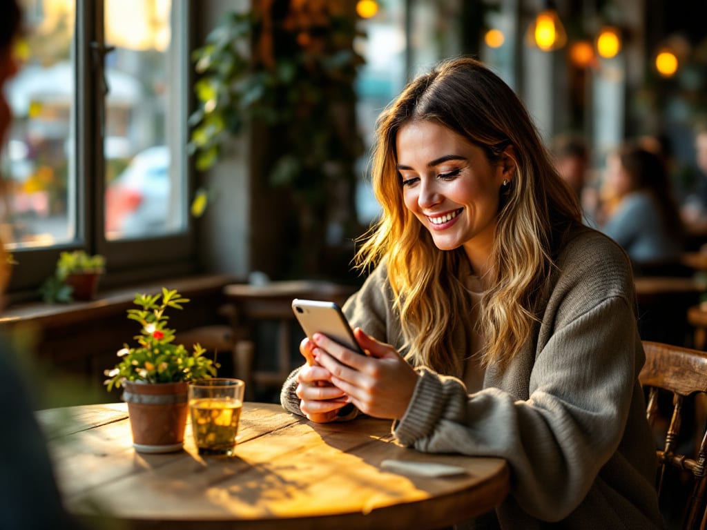 Femme souriante consultant des annonces locales sur son smartphone dans un café