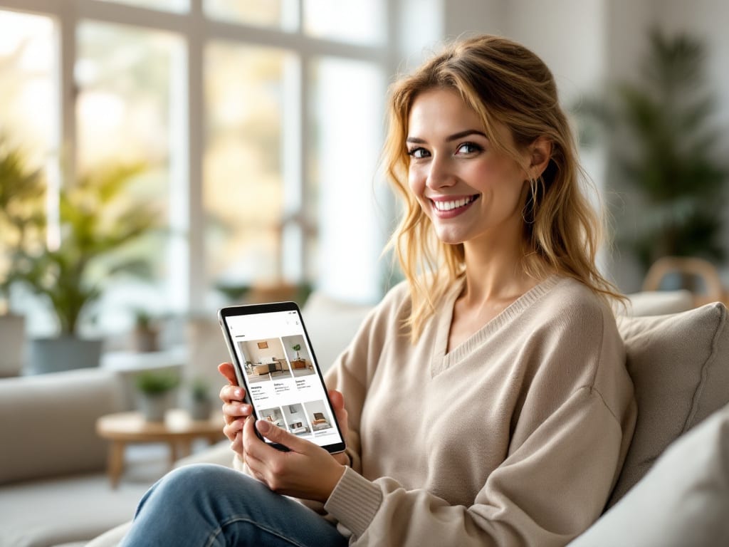 Femme souriante utilisant une tablette pour consulter des petites annonces locales sur Dénichéo, avec des photos d'objets et de meubles en arrière-plan