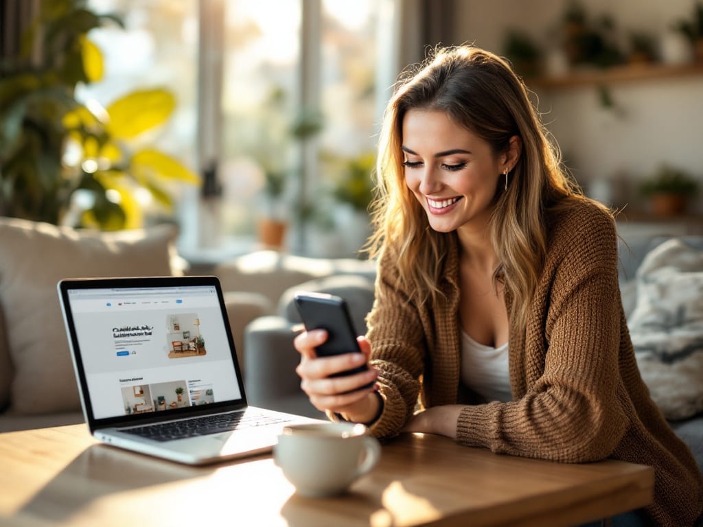 Femme souriante prenant une photo d'un objet avec son smartphone pour une annonce sur Dénichéo
