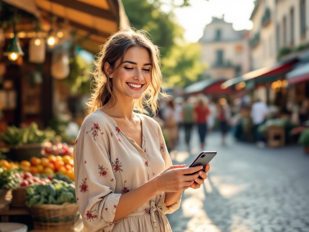 Femme souriante consultant une annonce sur son téléphone dans un marché local ensoleillé