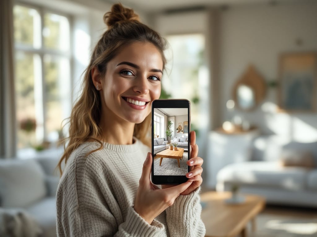 Femme souriante prenant une photo d'un meuble avec son smartphone pour une annonce sur Dénichéo