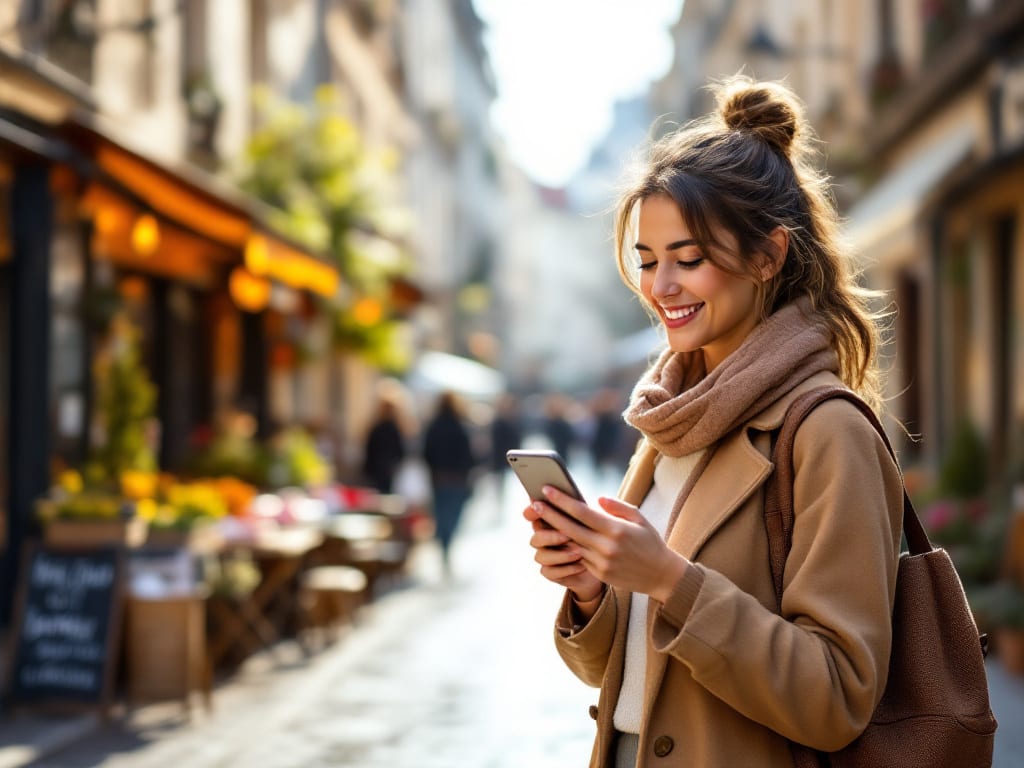 Femme souriante consultant une annonce sur Dénichéo depuis son téléphone, avec un fond urbain français