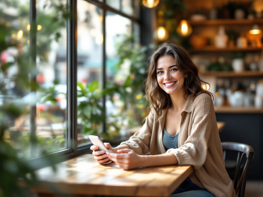 Femme souriante consultant des petites annonces locales sur son smartphone dans un café de quartier