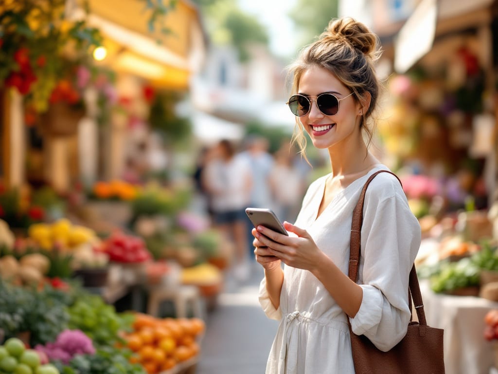 Femme souriante consultant des annonces locales sur son téléphone dans un marché en plein air