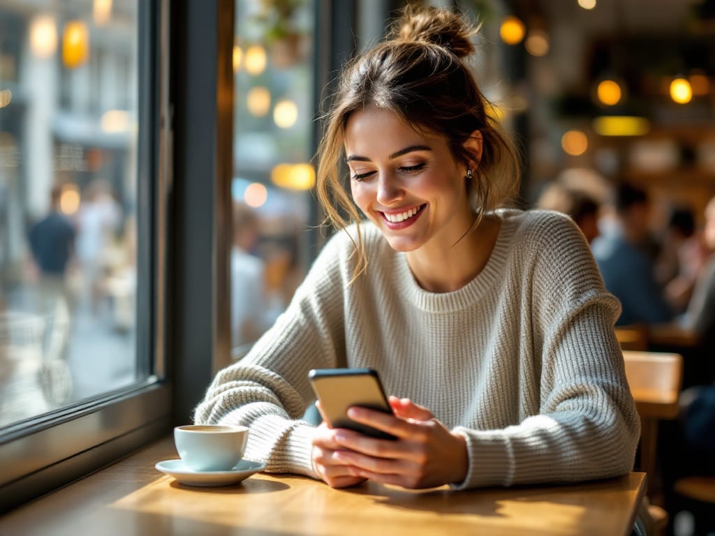 Femme souriante consultant une annonce locale sur son smartphone dans un café de quartier