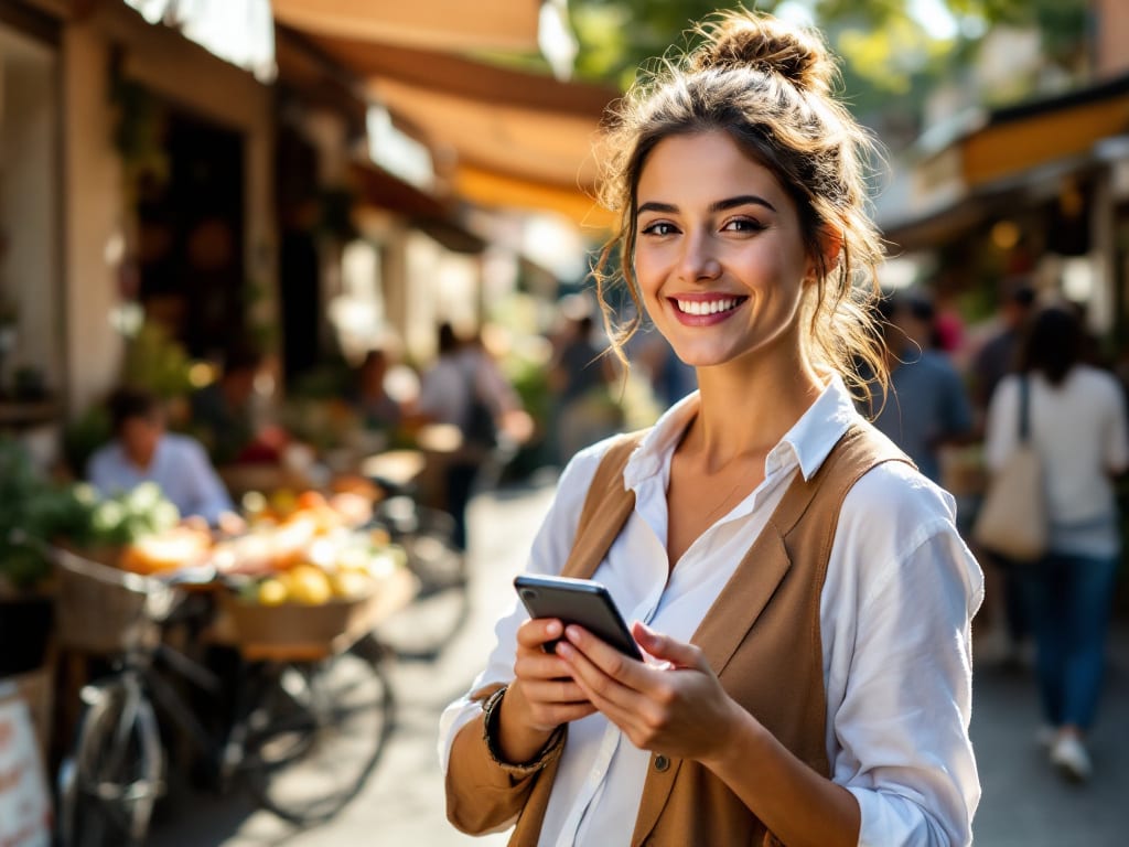 Femme souriante consultant une annonce locale sur son téléphone dans un marché en plein air